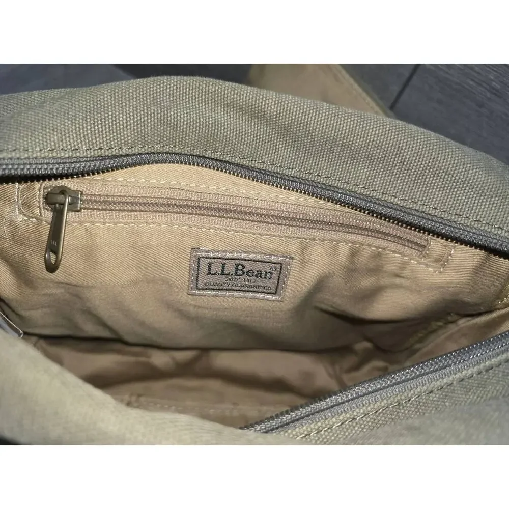 LL Bean Leather Canvas Crossbody Messenger Bag Olive Green Flap Utility B000759